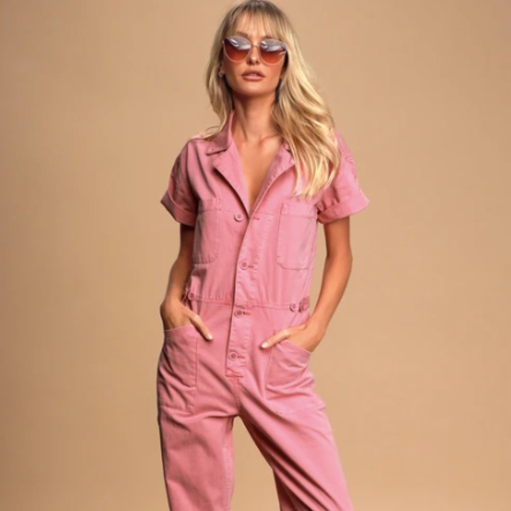 PISTOLA Grover Pink Denim Utility Jumpsuit